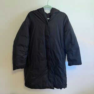 Eileen Fisher Woman 1X Hooded Puffer Coat Black Long Button Front Winter Jacket